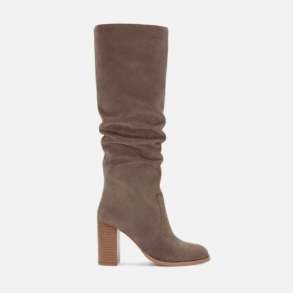 Women's Coffee Chunky High Heel Square Zipper Wide Calf Knee High Boots